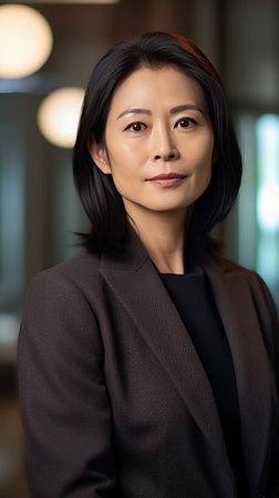 Asian mature professional business woman standing in an office smiling confidently. Business corporate people background.の素材