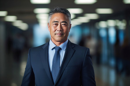 Asian mature professional business man standing in an office smiling confidently. Business corporate people background.の素材