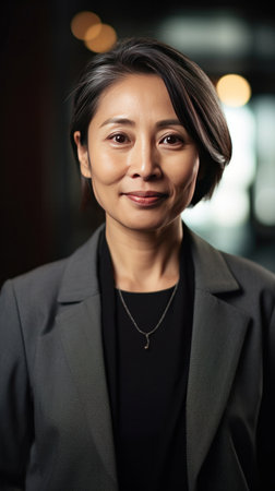 Asian mature professional business woman standing in an office smiling confidently. Business corporate people background.の素材