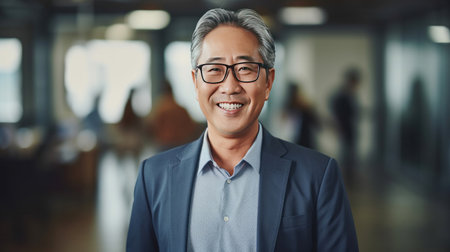 Asian mature professional business man standing in an office smiling confidently. Business corporate people background.の素材