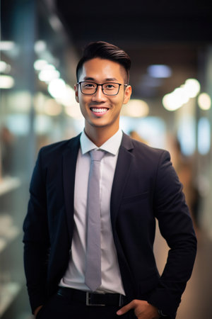 Asian young business man standing in an office smiling confidently. Business corporate people background.の素材