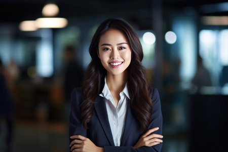 Asian young business woman standing in an office smiling confidently. Business corporate people background.の素材