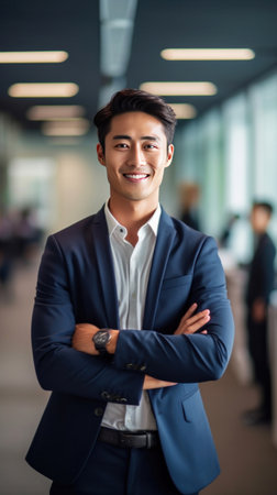 Asian young business man standing in an office smiling confidently. Business corporate people background.の素材