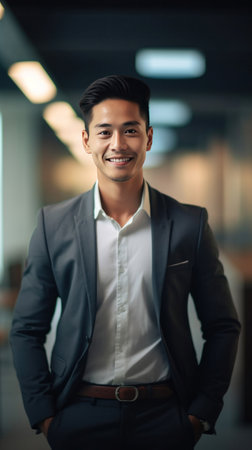 Asian young business man standing in an office smiling confidently. Business corporate people background.の素材