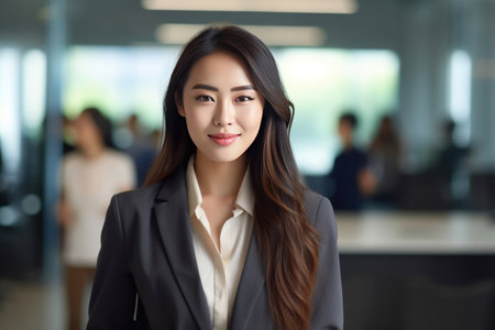 Asian young business woman standing in an office smiling confidently. Business corporate people background.の素材