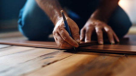 Close up of a worker hands installing timber laminate floor. Wooden floors house renovation with measure items.の素材