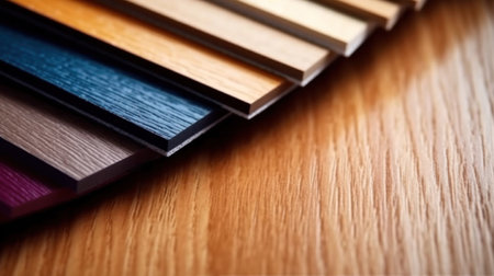 Close up of laminated, veneer, engineering wood flooring samples. Wood texture for furniture and flooring furnishing material samples. interior material design samples.の素材