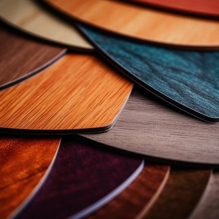 Close up of laminated, veneer, engineering wood flooring samples. Wood texture for furniture and flooring furnishing material samples. interior material design samples.の素材