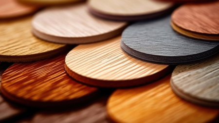 Close up of laminated, veneer, engineering wood flooring samples. Wood texture for furniture and flooring furnishing material samples. interior material design samples.の素材