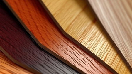 Close up of laminated, veneer, engineering wood flooring samples. Wood texture for furniture and flooring furnishing material samples. interior material design samples.の素材