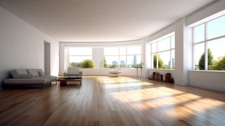 Interior of empty spacious living room with white walls and laminated floor.の素材