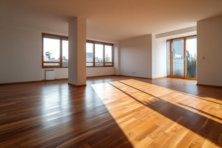 Interior of empty spacious living room with white walls and laminated floor.の素材
