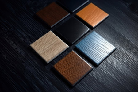 Samples of laminate and vinyl floor tile on black wooden background. Top viewの素材