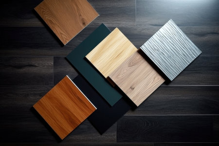 Samples of laminate and vinyl floor tile on black wooden background. Top viewの素材