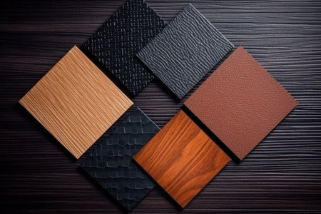 Samples of laminate and vinyl floor tile on black wooden background. Top viewの素材