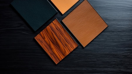 Samples of laminate and vinyl floor tile on black wooden background. Top viewの素材