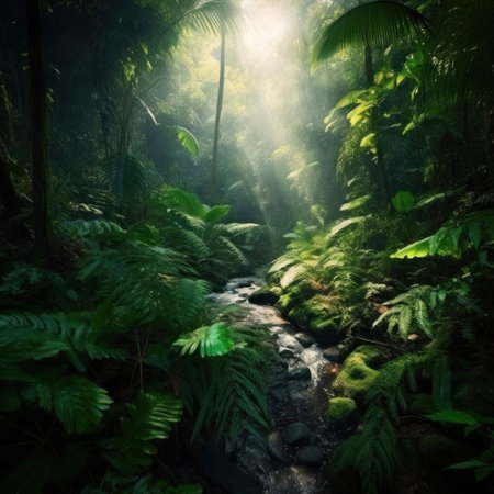 Tropical rainforest, tranquil scene, mysterious, lush green forest.の素材