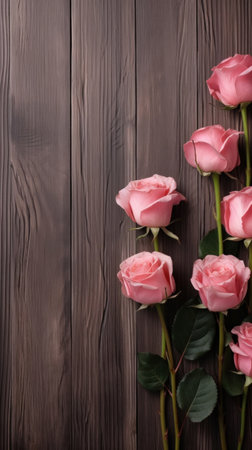 Roses on wooden board for Valentines Day background.の素材