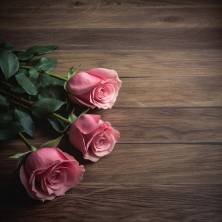 Roses on wooden board for Valentines Day background.の素材