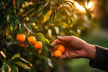 Close up hand of a person picking oranges from tree.の素材