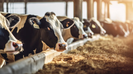 Close up of Cows feeding on fodder in stable row.の素材