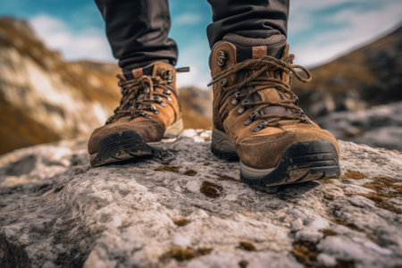 Close up of hiking boots, A mountain climber.の素材