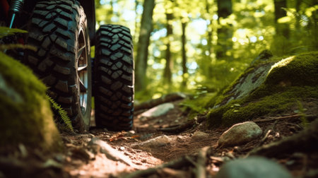 Close up of the wheel of ATV through forest.の素材