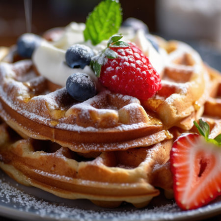 Close up of dessert waffles on table.の素材