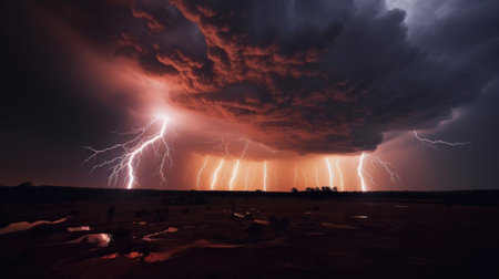 Dark of stormy sky with multiple cloud to ground lightning strikes.の素材