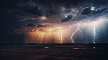 Dark of stormy sky with multiple cloud to ground lightning strikes.の素材