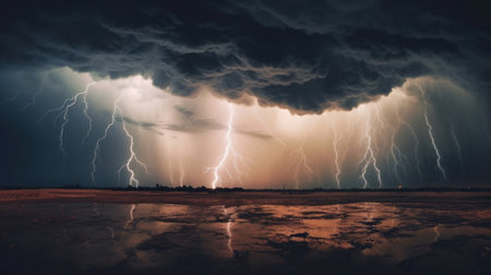 Dark of stormy sky with multiple cloud to ground lightning strikes.の素材