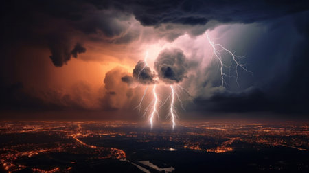 Dark of stormy sky with multiple cloud to ground lightning strikes.の素材
