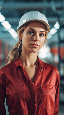 A portrait of young beautiful engineer woman working in factory building.の素材