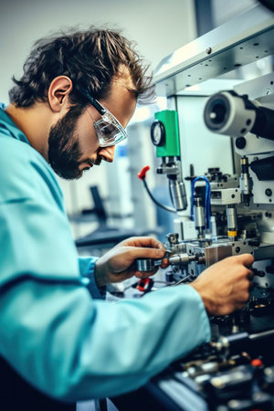A quality control worker analyzing machine part in laboratory.の素材