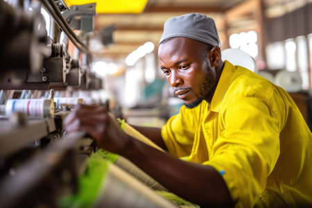 A male manufacturers african working on production line at plastic bag machine.の素材