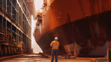 A worker checking underside of ship in dry dock.の素材