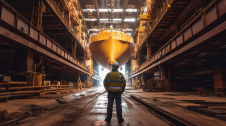 A worker checking underside of ship in dry dock.の素材