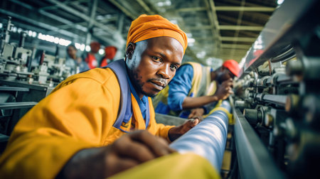 A male manufacturers african working on production line at plastic bag machine.の素材