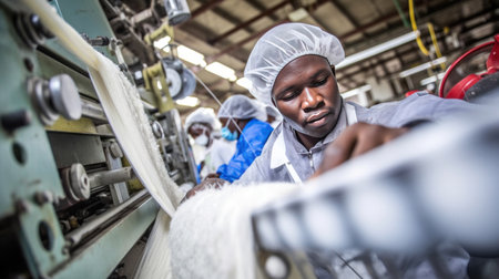 A male manufacturers african working on production line at plastic bag machine.の素材