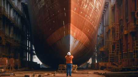 A worker checking underside of ship in dry dock.の素材
