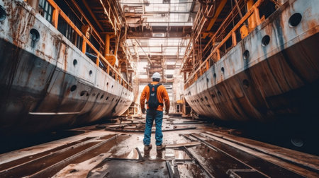 A worker checking underside of ship in dry dock.の素材