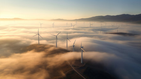 Aerial view of Solar energy and wind turbines in fog.の素材