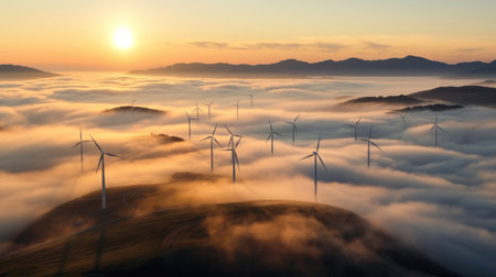 Aerial view of Solar energy and wind turbines in fog.の素材