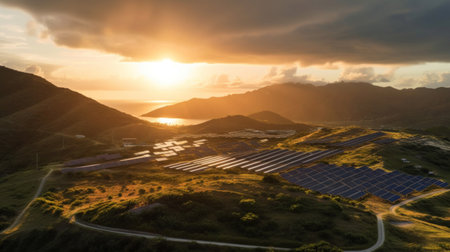 Aerial view of the solar power plant on the top of the mountain.の素材