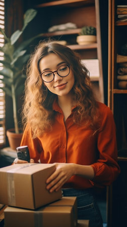 A beautiful girl running online store, Her is owner of small online shop. Receiving orders and packing boxes for delivery.の素材