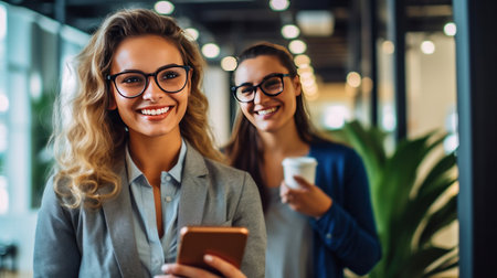 A cheerful and smiling young successful female businesswoman standing with colleague looking at smartphone in modern office and coworking space.の素材