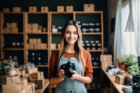 A beautiful girl running online store, Her is owner of small online shop. Receiving orders and packing boxes for delivery.の素材