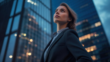 A confident and professional young businesswoman looking up while standing against contemporary corporate skyscrapers with illuminated facade in financial district in the evening. Low angle sideの素材