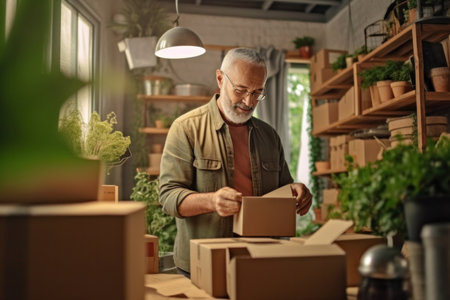 A mature man running online store, He is owner of small online shop. Receiving orders and packing boxes for delivery.の素材