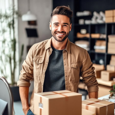 A handsome young man running online store, He is owner of small online shop. Receiving orders and packing boxes for delivery.の素材